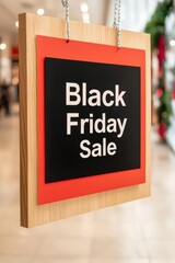 Christmas sale signs, Black Friday shopping frenzy, decorated mall, illustration