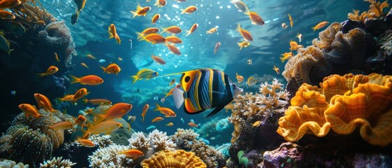 Naklejka premium Vibrant Coral Reef Ecosystem Abounding with Diverse Marine Life