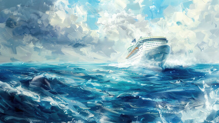 Fototapeta premium Oil painting, large beautiful cruise ship, liner in the blue sea.