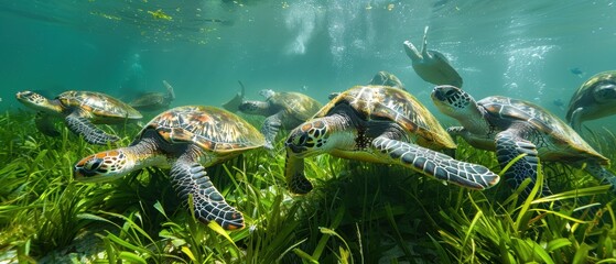 Peaceful Scene of Group of Sea Turtles Feeding on Lush Seagrass Bed in Crystal Clear Waters