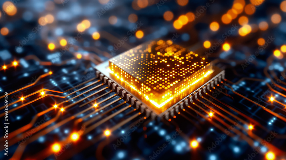 Poster a close view of a vibrant microchip showcasing its illuminated patterns on a circuit board, surround