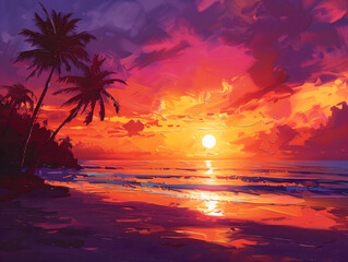 Obraz premium Vibrant Tropical Sunset with Palms - Artistic Impression of Serenity