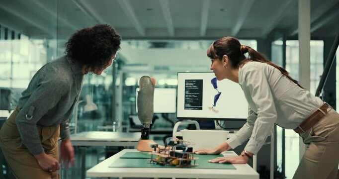 Science success, women and happy with celebration for prosthetic development, fist bump and prototype study. Medical professionals, team and excited for innovative project and invention breakthrough