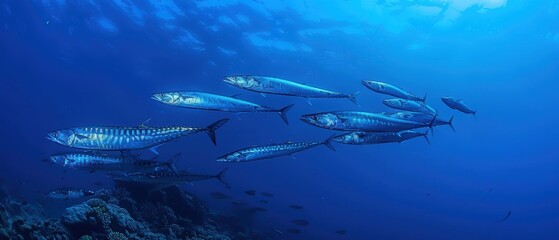 Obraz premium Majestic School of Barracuda Swimming in Formation against Deep Blue Ocean Background