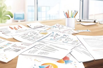 Business plan documents spread across a modern office table, showcasing company growth ideas