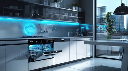 Smart Kitchen with Remote-Managed Dishwasher Displaying Alerts and Updates to Homeowner's Smartphone