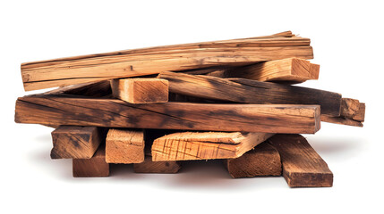 Pile of Rough Cut Natural Wooden Planks Isolated on White
