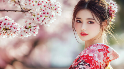 Fototapeta premium beautiful and cute japanese asian girl wearing kimono dress tokyo