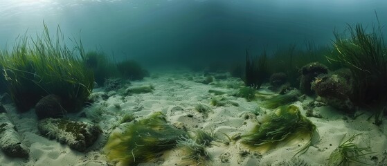 Obraz premium Serene Underwater Scene with Sandy Ocean Floor, Rocks, and Seagrass Swirling in Currents