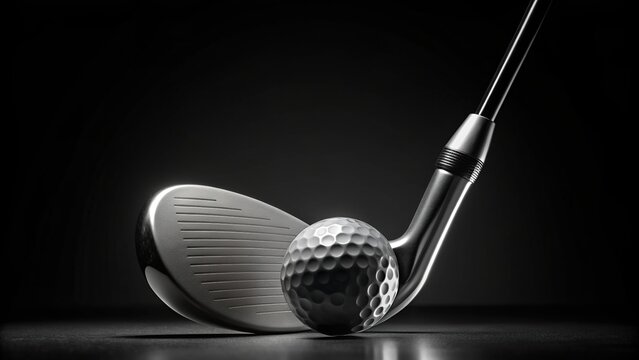 action, hitting, tee-off, precision, strike, closeup, game, leisure, recreation, A minimalist stock photo of a golf ball placed on a tee beside an iron club against a black background
