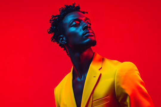 Stylish Man in Neon Yellow Blazer with Solid Neon Red Highlights, Captured in a Fashionable Lifestyle Portrait