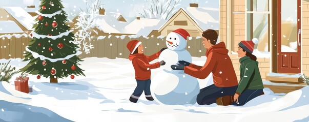 A joyful family builds a snowman together in a winter wonderland, surrounded by snow, a Christmas tree, and holiday spirit.