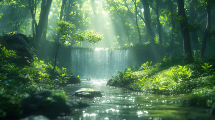 Obraz premium Enchanting Forest Waterfall in Ethereal Morning Light