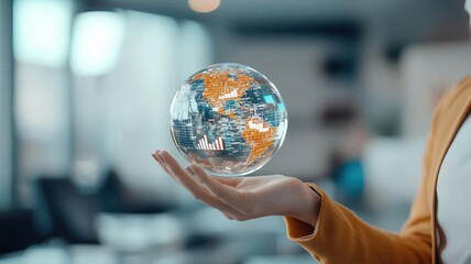 A business professional holds a transparent globe, symbolizing global connectivity and modern innovation in a corporate environment.
