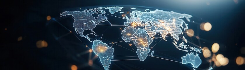 Global business network visualized with holographic maps and 2025 trends, international business 2025, globalization and tech