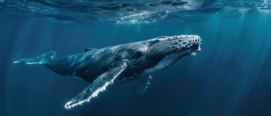 Obraz premium Graceful Humpback Whale Swimming Near Surface, Majestic Marine Creature in the Ocean Depths