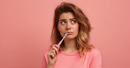 Pensive Young Woman with Toothbrush on Pink Background