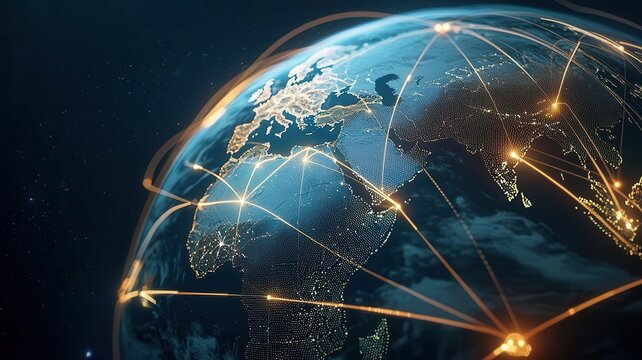 Global trade routes visualized in neon lines across a futuristic Earth, 2025 market focus