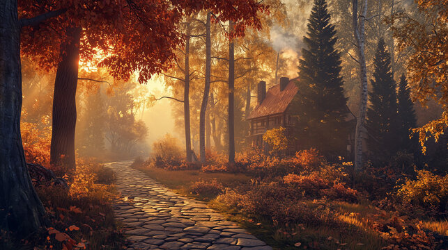 A cozy cabin nestled among towering trees with red, yellow, and orange leaves, surrounded by a misty forest in the early morning light of autumn.