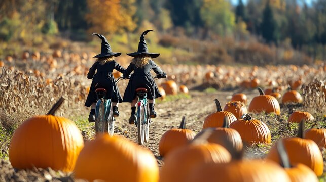 Two young witches ride bicycles through a pumpkin patch surrounded by vibrant autumn colors.