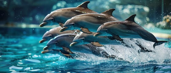 Obraz premium Synchronized Dolphins - Beautiful Underwater Ballet of Dolphins Swimming in Harmony