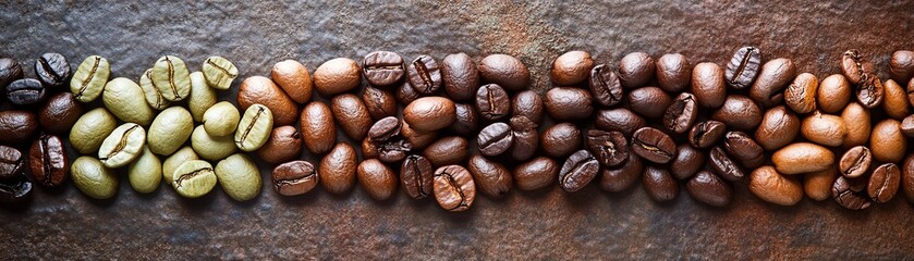 A row of coffee beans progressing from green to roasted, illustrating the roasting process, with ample space for educational or product information