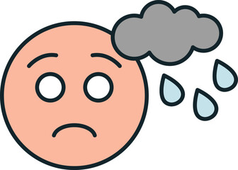 Sad emoticon suffering from depression with rain cloud over head