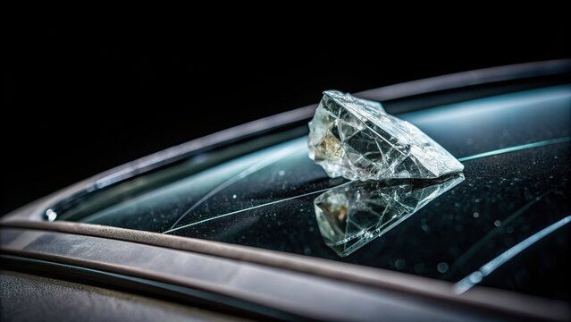 cracked glass, close-up, Tilted Angle, glass fragments, car window, chipped, automotive, cracked windshield, Real stone chip in the windscreen isolated on black background Tilted Angle