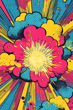 Colorful comic book explosion with vibrant pop art elements, dynamic lines, and dramatic burst effects in blue, pink, and yellow hues.