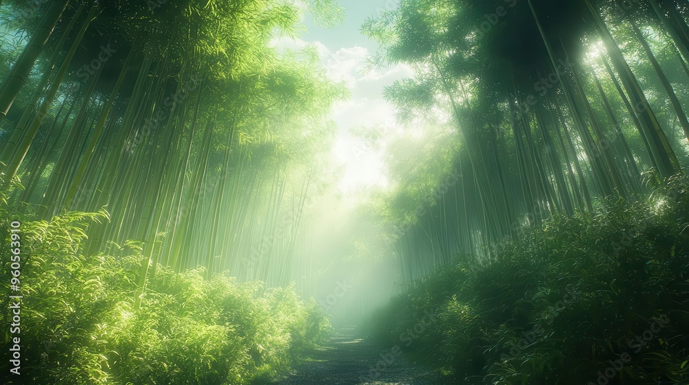 Wall mural zen bamboo sanctuary towering bamboo stalks stretch towards a verdant canopy creating a serene vertical landscape misty atmosphere and filtered sunlight evoke a sense of tranquil meditation