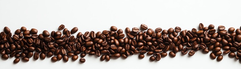 Fototapeta premium Coffee beans forming a wave pattern on a plain white background, with ample space at the top for branding or marketing copy