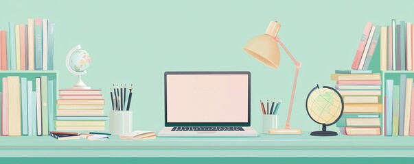 Illustration of a clean and organized desk setup with laptop, books, and stationery, ideal for studying or remote work.