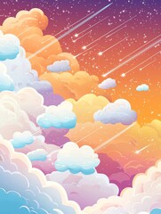 Vibrant illustration of fluffy clouds against a colorful sky with shooting stars in a magical, dreamlike setting.