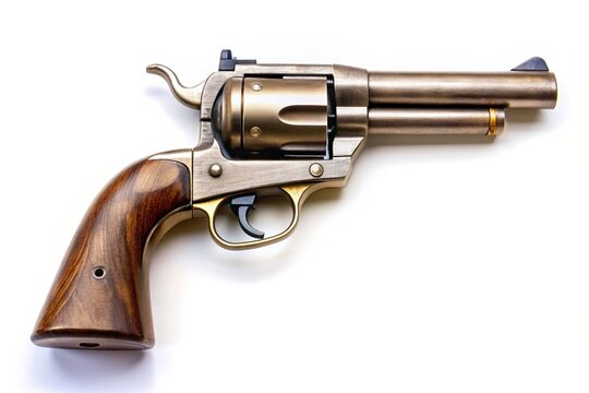 high angle, cowboy, historical, weapon, Western, retro revolver,vintage, A detailed description of a vintage cowboy revolver on a white background from a high angle perspective