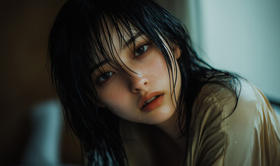 Fototapeta premium Intimate close-up of a Asian woman covered with wet clothes