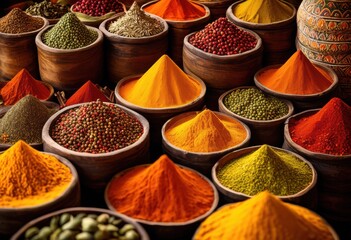 Fototapeta premium vibrant display colorful spices artfully arranged creative patterns designs culinary exploration, arrangement, bowl, collection, container, flavor, freshness