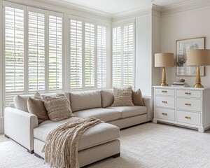 White Shutters Frame a Cozy Sectional Sofa