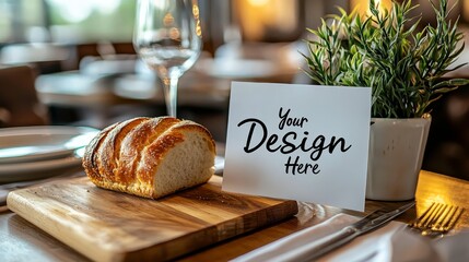Closeup of a restaurant table with a loaf of bread a blank card and cutlery A plant adds a touch of greenery