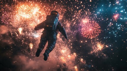 A man in a rocket-powered suit performing a high-flying trick amidst a cascade of bright New Year's fireworks and festive lights