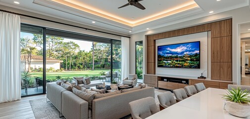 Obraz premium Modern Living Room with Lush Greenery Expansive Window View Neutral Tones Minimalist Design Sunlight Streaming In