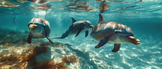 Playful Group of Dolphins Dancing in Clear Waters: Joyful Sea Life Scene