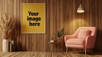 Cozy Cabin Interior Pink Armchair Against Wooden Wall with Framed Artwork and Yellow Lighting