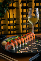 Sushi Against a Wine Cellar Backdrop