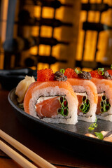 Sushi Against a Wine Cellar Backdrop
