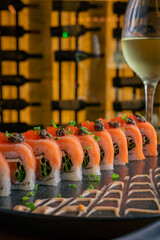 Sushi Against a Wine Cellar Backdrop