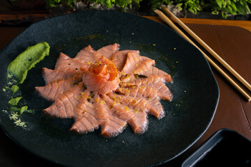 Sushi Against a Wine Cellar Backdrop
