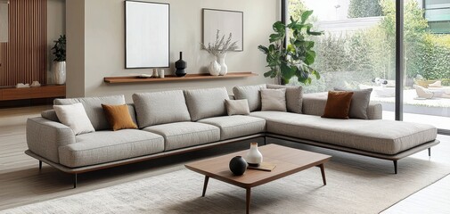 Modern Sectional Sofa with Wooden Accents Low Angle Perspective Grey Fabric Natural Light Streaming Through Window