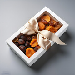 a box of nuts with a ribbon tied around the top
