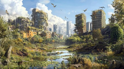 Naklejka premium Nature Reclaims Abandoned Metropolis - Urban Ruins Wildlife Return and Overgrown Skyscrapers