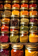 vibrant display colorful spices lively jars creating feast eyes, seasoning, herb, collection, ingredient, culinary, aroma, texture, container, food, glass